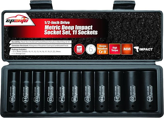 EPAuto 1/2-Inch Drive Metric Deep Impact Socket Set, Cr-V, 6 Points, 11 Sockets