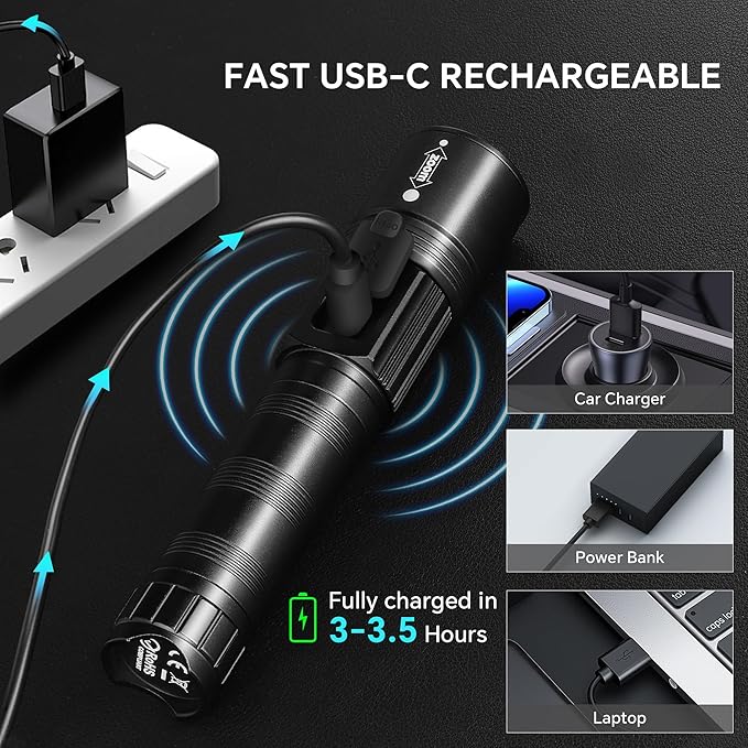 3Pack Rechargeable Flashlights High Lumens 9900LX, Super Bright Flashlight with LCD Digital Display, 5Modes Adjustable LED Flashlight Tactical Flashlights High Powered, Flash Lights for Emergency