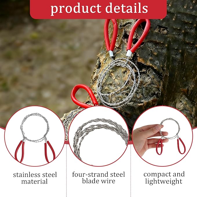 5PC Red Stainless Steel Cable Saw Set, Metal Wire Saw for Emergency Survival, 23.62 Inch Hand Pocket String Rope Cutting Tool, Ideal for Camping, Hiking, Hunting Adventures