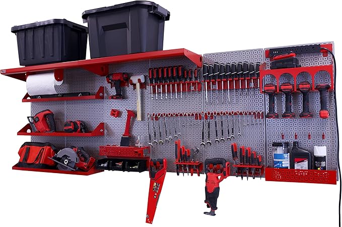 OmniWall Weekend Warrior Ultimate Tool Kit-96" x 32" Metal Pegboard Wall Storage System Silver/Red