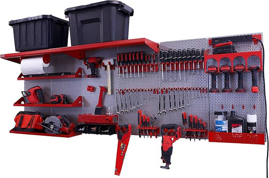 OmniWall Weekend Warrior Ultimate Tool Kit-96" x 32" Metal Pegboard Wall Storage System Silver/Red