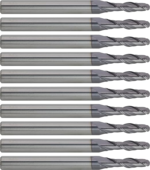 CME 10 pcs Micrograin Carbide End Mills, Ball Nose, TiAlN Coated, 9/64" Mill Diameter, 9/16" Length of Cut, 2" Overall Length, 2 Flute, Center Cutting