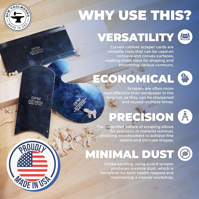 Blue Curved Cabinet Scraper Cards - Cabinet Scraper for Woodworking, Card Scraper Tool for Precision and Fine Finishes - Ideal Tool for Woodworking Projects - Made in USA (Set of 3)