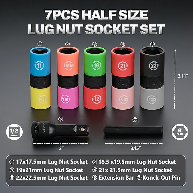 7 PCS 1/2 inch Drive Half Size Lug Nut Socket Set, 17 17.5 18.5 19 19.5 21 21.5 22 22.5 mm Impact Flip Socket Set Non-Marring Thin Wall Double Ended Wheel Nut Removal Kit with Metal Buckle Carry Case