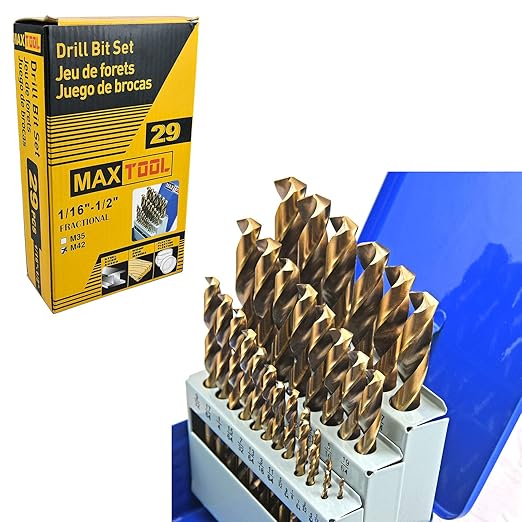 MaxTool Twist Drill Bit Set 29PCs 8% Cobalt HSS M42 Jobber Length Fully Ground for Hardened Steel Metal Cast Iron etc 1/16??to 1/2?? JBS42G10R029P