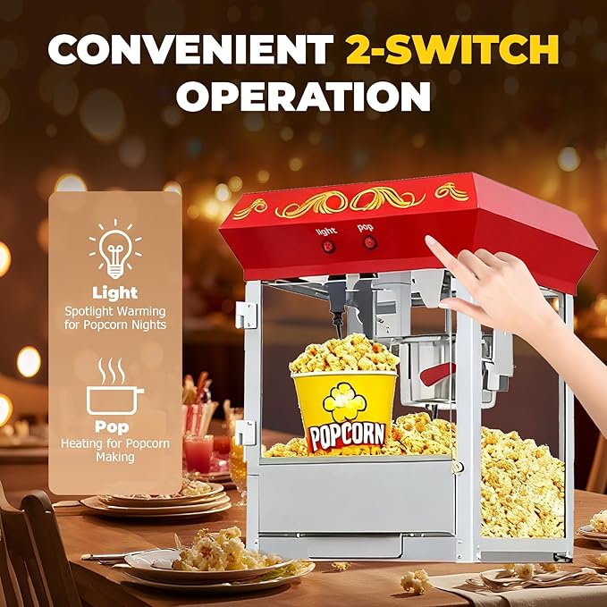 8 Oz Popcorn Machine Cart, 650 W, Popcorn Maker Machine with Stainless-Steel Kettle, Movie Theater Popcorn Machine with Steel Frame Tempered Glass Doors & Heated Warming Deck, Red