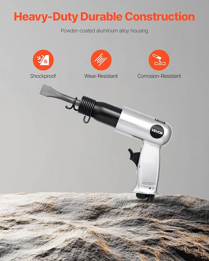 VEVOR Air Hammer, 3500BPM Pneumatic Hammer with 2.76 inch Stroke & 4PCS Chisels Round Shank, Pistol-Grip Compact Air Chisel Pneumatic Shovel Tool for Cutting Punching Scraping