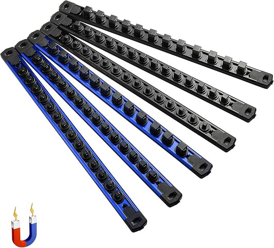 ALOANES 6-Piece Magnetic Socket Organizer, Heavy Duty Aluminum Socket Rails Organizer, 360째 Swivel Clips Socket Rail Set For Sockets Storage, 1/2, 3/8, 1/4-Inch Socket Holder x 80 Clips (Black&Blue)