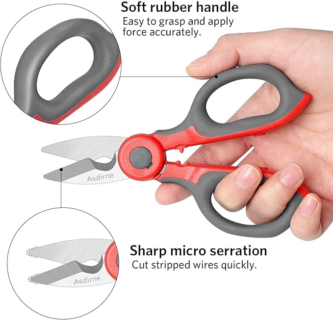 2 Pack Electrician Scissors, Heavy Duty Stainless Steel Sharp Blades and Soft Rubber Grip, Electrician Shears with Protective Cover, 6.1 Inch (Gray/Red)