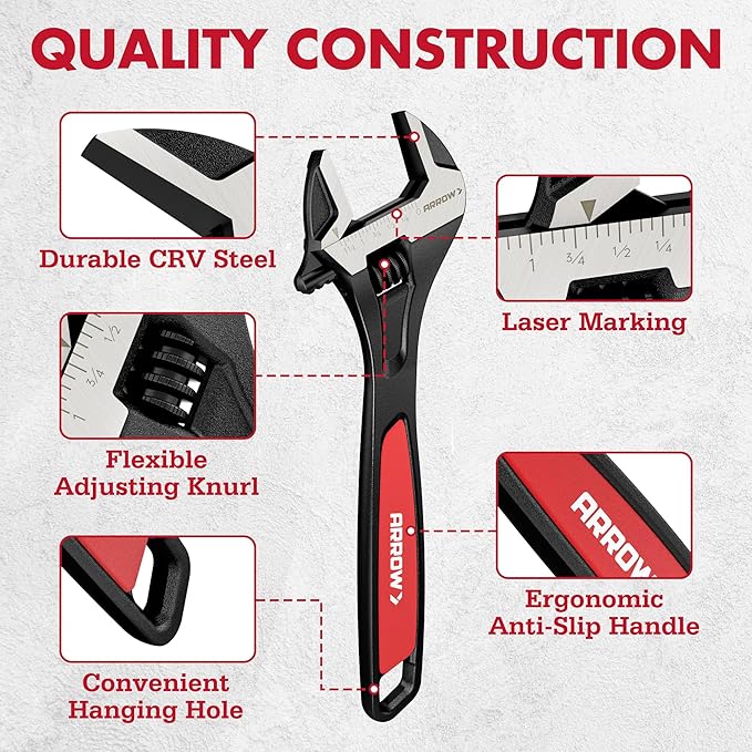 ARROW 10-Inch Adjustable Wrench, Cr-V Steel, Wide Jaw Black Oxide Wrench with Inch/Metric Laser Scales, Non-Slip Grip & Hanging Hole, for Home, Garage, Workshop and DIY