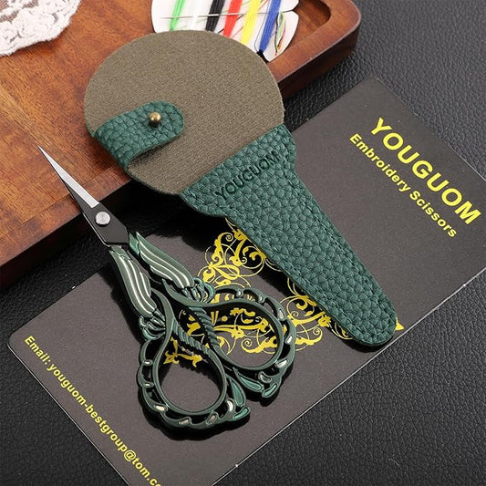 Crochet Scissors with Case, Sewing Scissor for Embroidery Craft Needlework Cross Stitch Snips, Detail Threading Shears Vintage Golden Green