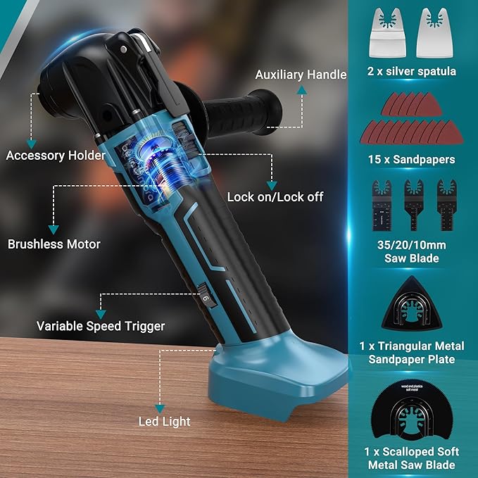 Cordless Oscillating Multi Tool Compatible with Makita 18V Battery(Battery Not Included), Cordless Oscillating Tool Brushless Motor, 6 Variable Speeds, 23-Piece Kit for Cutting, Sanding, Scraping