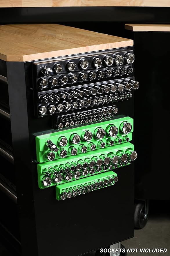 ARES 60160-6-Piece Magnetic Socket Organizers - Metric and SAE Set Black and Green -1/4 in, 3/8 in, 1/2 in Socket Holders -143 Pieces of Standard (Shallow) and Deep Sockets -Organize Your Tool Box