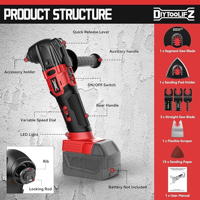 Cordless Oscillating Tool Compatible with Milwaukee 18V Battery, 6 Variable Speed Brushless-Motor Tool, Oscillating multi tool kit for Cutting Wood Nails Remove Grout & Sanding(Not Battery)