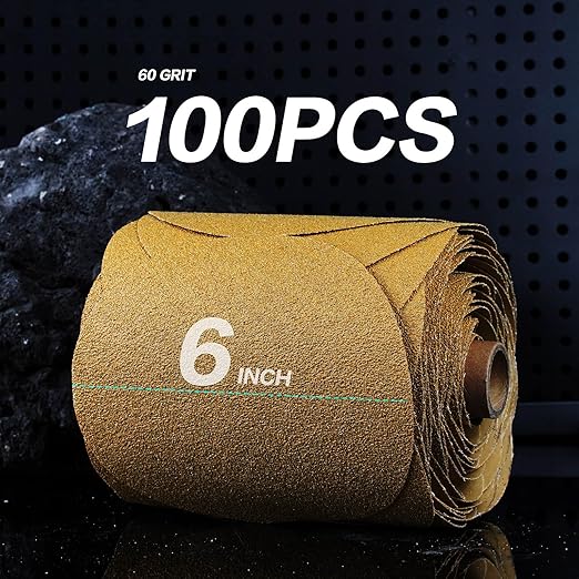 PSA Sanding Discs 6 Inch Adhesive Backed Sandpaper 100 Pack 60 Grit Self Adhesive Sanding Discs for DA Sander Self Stick for Wood, Auto Body Repair, Paint, Metal, and Plastic
