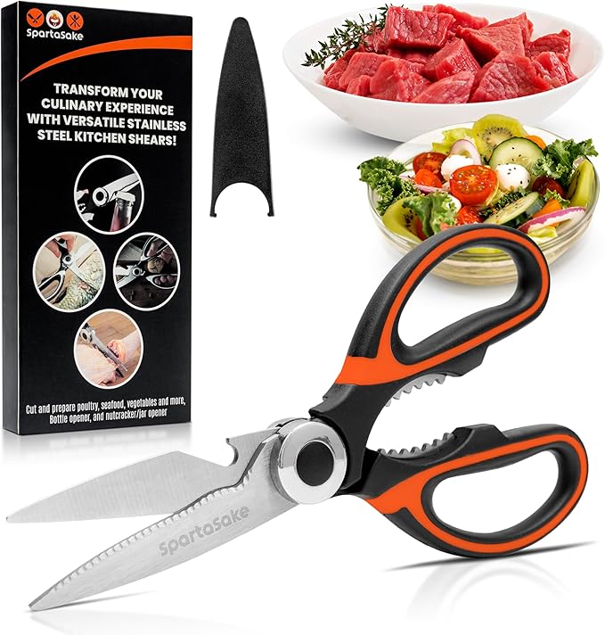 SpartaSake Kitchen Scissors All Purpose Heavy Duty -Stainless Steel Ultra Sharp kitchen shears for food- Cooking poultry Shears for kitchen (Black-Orange)