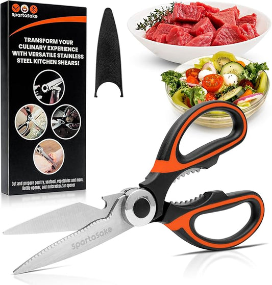 SpartaSake Kitchen Scissors All Purpose Heavy Duty -Stainless Steel Ultra Sharp kitchen shears for food- Cooking poultry Shears for kitchen (Black-Orange)