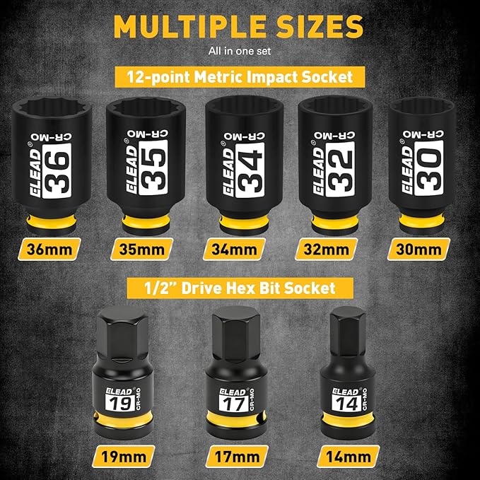 1/2" Drive Axle Nut Socket Set, 8-Piece 12-Point Metric Wheel Axle Nut Wrench Large Jumbo 30mm 32mm 34mm 35mm 36mm, Hex Bit Socket 14mm 17mm 19mm, Car Spindle Joint High Torque Truck Bearing Locknut