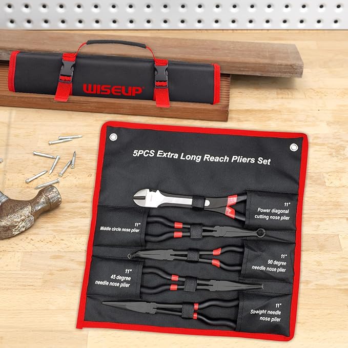 WISEUP 5Pcs Long Needle Nose Pliers Set 竊똏remium Carbon Steel竊?1" Long Reach Straight 竊?5째 Bent Nose 竊?0째 Bent Nose Plier竊똃iagonal Pliers for Narrow Spaces