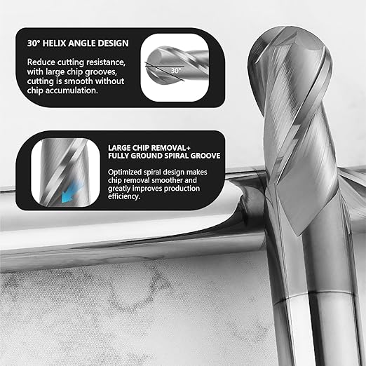 3/8" Ball Nose Carbide End Mill - 2 Flute AlTiN Coated Milling Bits Sets for Milling Alloy Steels, Hardened Steel, Metal