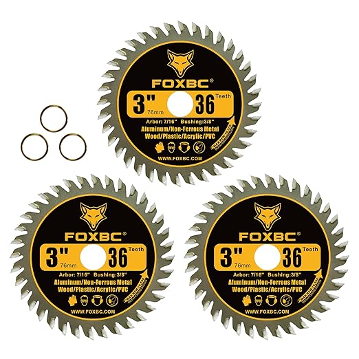 FOXBC 3 Inch Carbide Circular Saw Blade 36 Tooth for Wood, Plastic, PVC, Acrylic, Aluminum with 7/16" Arbor, 3/8" Bushing - 3 Pack