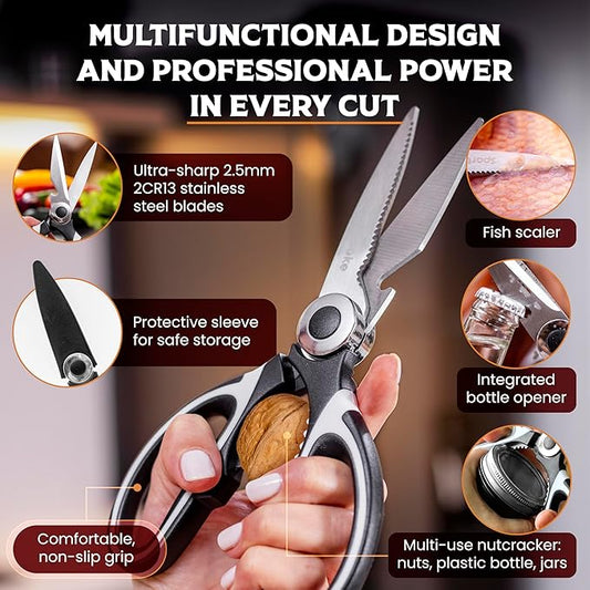 SpartaSake Kitchen Scissors All Purpose Heavy Duty -Stainless Steel Ultra Sharp kitchen shears for food- Cooking poultry Shears for kitchen (Black-White)