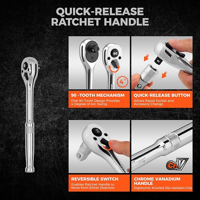 HORUSDY 1/4" Drive 90-Tooth Quick-Release Ratchet Handle with 1/4" to 3/8" Adapter, Reversible Thin Profile Socket Wrench, 4째 Swing Arc, Ergonomic Anti-Slip Grip, Ideal for Auto, Bike & Home Repair