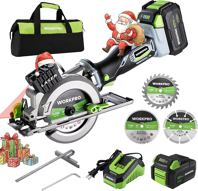 WORKPRO 20V Cordless Mini Circular Saw, 4-1/2" Compact Wireless Circular Saw 4.0Ah Battery, Fast Charger, 3 Blades, 4500RPM, Laser Guide, Max Cutting Depth 1-11/16"(90°), 1-1/8"(45°)