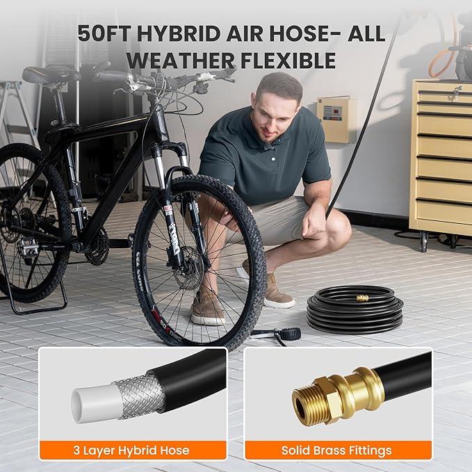 Giraffe Tools Retractable Air Hose Reel, 3/8" x 50 ft, Hybrid Hose, Auto Rewind, Air Compressor Hose Reel with Swivel Bracket, 217 PSI, Any Length Lock, for Garage & Workshop, Dark Silver