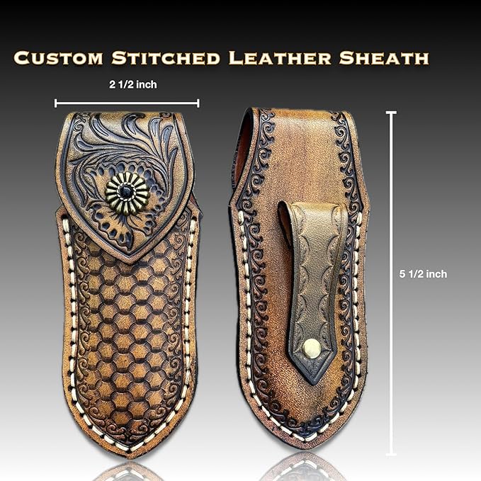 TACTICAL GEARZ Damascus Steel Pocket Knife, Custom Carved Rosewood Handle, Includes Custom Leather Sheath (Kahuna XT)