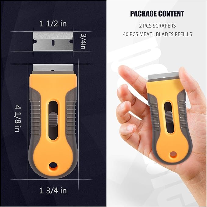 Razor Blade Scraper, 2 Pcs Plastic Retractable Razor Scraper with 40 Pcs Steel Scraper Blades for Glass Cooktop Windows