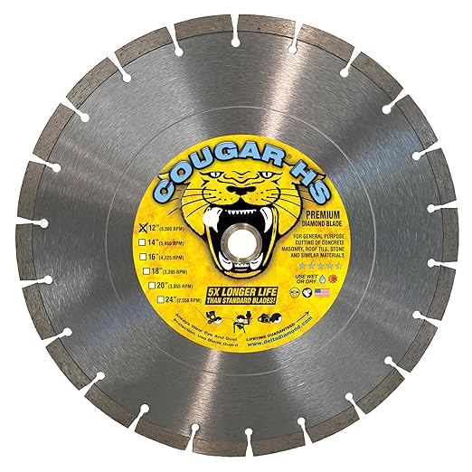 Cougar HS 12 Inch Diamond Concrete Saw Blade, Premium General Purpose Segmented Blade, Dry/Wet Cutting Concrete, Masonry, Brick, & Block 1"-20mm Arbor