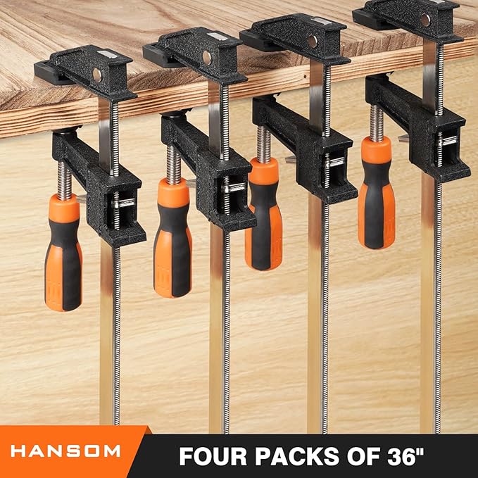 HANSOM 4-Pack 36 inch Bar Clamps,Long Wood Clamps Heavy Duty Force 600 Lbs Adjustable and Release Quickly,Woodworking Clamps Throat Depth 2.5 inch with Plastic Handle