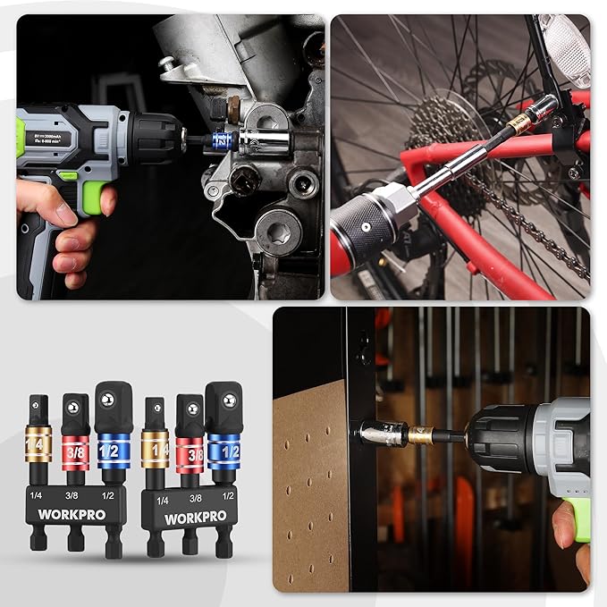 WORKPRO Impact Grade Socket Adapter Set, 1/4", 3/8", & 1/2" Drive, Extension Driver Bit With Holder, for Power Drill to High Torque Impact Wrench