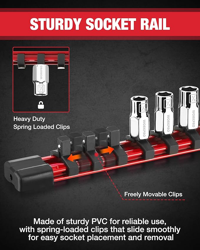 WORKPRO 1/4" Drive Socket Set, 10-Piece SAE CR-V Socket Set with Sturdy Socket Organizer, 6-Point Standard & Shallow Sockets 5/32" to 9/16", External Hex Socket Set with Socket Rail for Anti Rolling