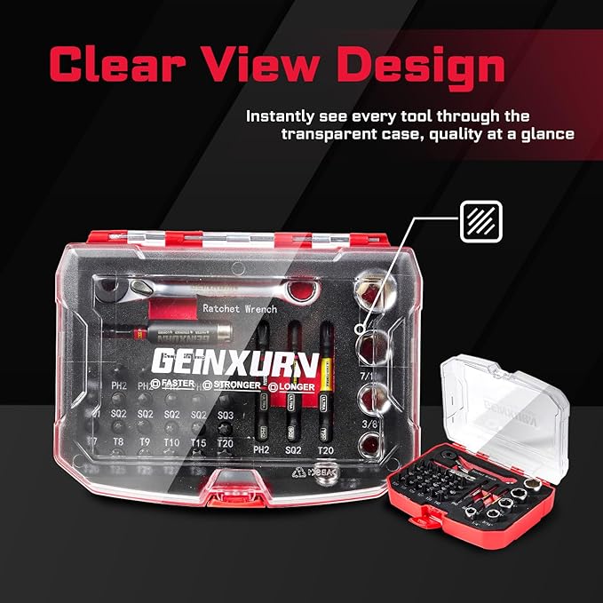 34 Pieces Tool Kit with Matching Storage Box, Include 1??2??S2 Steel Magnetic Screwdriver Bits (Phillips/Square/Torx), Socket, Bit Holder and Mini Ratchet Wrech for Home Repairs