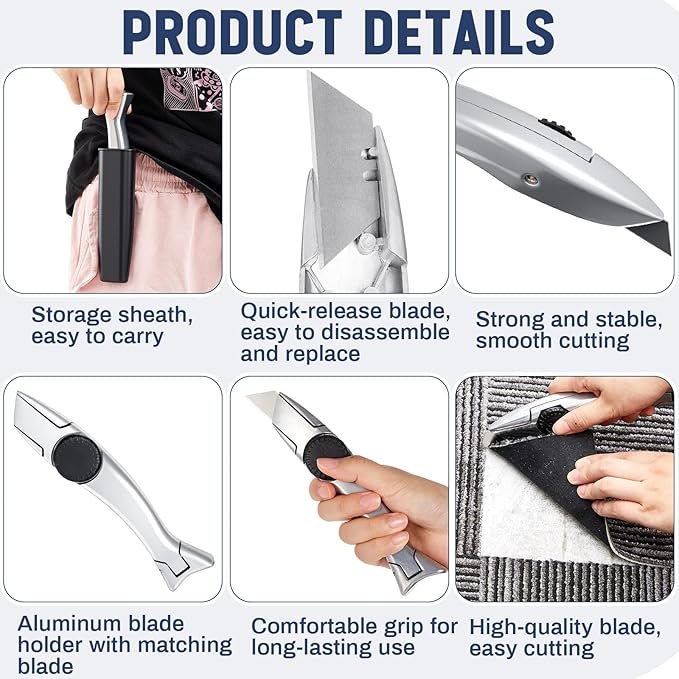 WILLBOND 2 Sets Silver Fixed Roofing Knife with 30 Blades Heavy Duty Shark Utility Knives for Drywall, Vinyl, Metal Carpet Cutting Tools with Storage Sheath, Replacement Blades, Roofing Knife Navajas