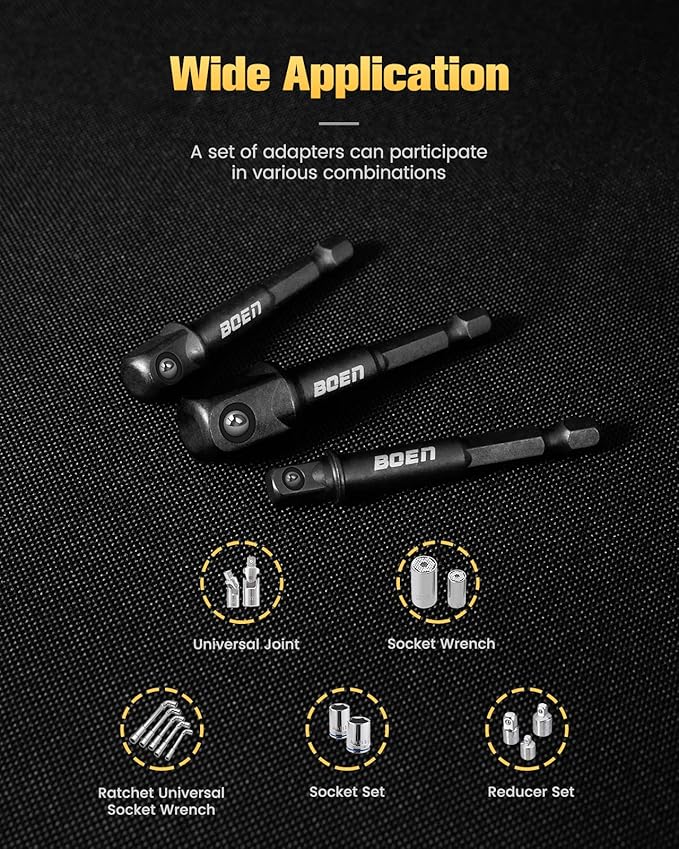 BOEN Impact Grade Socket Adapter Set, 3-PCS Drill Bit Adapter with Bit Holder, Sizes 1/4", 3/8", 1/2", 1/4-Inch SAE Hex Shank, Cr-V with Black Phosphate Finish