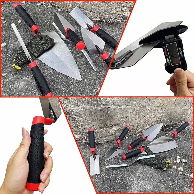 6 Pack Masonry Hand Tool Set, Concrete Tool Set Includes 1 PC Brick Trowel, 2 PCS Pointing Trowels, 1 PC Margin Trowel, 1 PC Tuck Pointing Trowels, 1 PC 5/8??x 1/2??Convex Brick Jointer