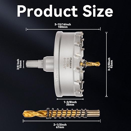 Hole Saw 3-5/8" (92mm) Heavy Duty Carbide with 2 Pilot Drill Bits - Metal Hole Cutter Cuts Stainless Steel, Iron, Copper, Brass, Plastic