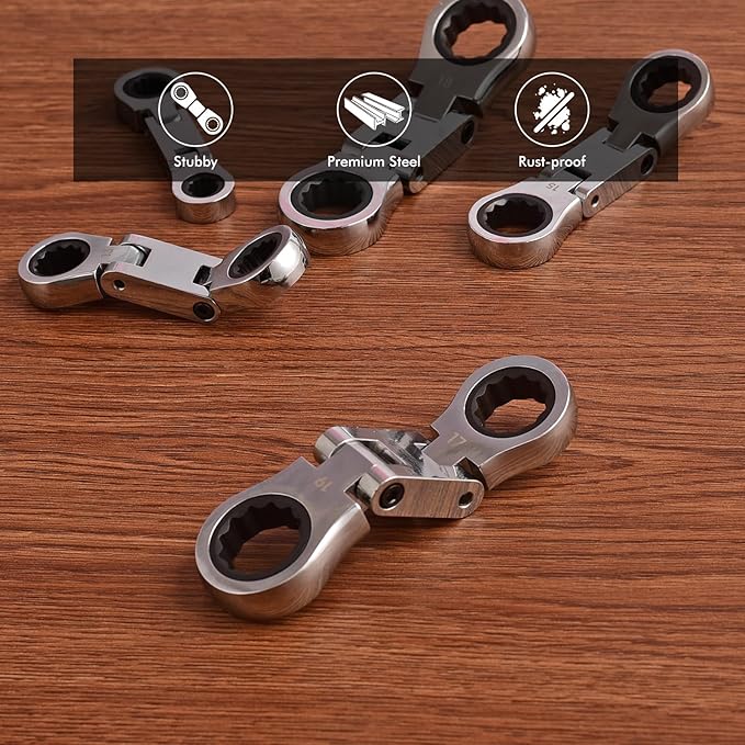 Stubby Wrenches Set, 72-Tooth Flex Head Ratcheting Wrench Set, Compact Double Box End Ratchet Wrench Metric 8-19mm 5 Pieces for Tight Spaces