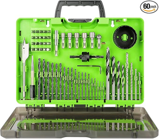 Greenworks 60 Piece Black Oxide Drilling and Driving Bit Set with Modular Case for Wood, Metal, Plastic, and Masonry,3X Longer Life,135째 Split Point,Precision-Milled