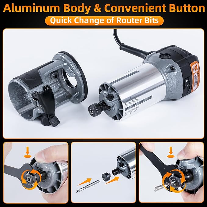 FoxAlien 1HP 710W 65mm Diameter Compact Palm Router for CNC Woodworking,6 Variable Speeds Max 30000 R/MIN Wood Trimmer with 1/4??Collet (110V)