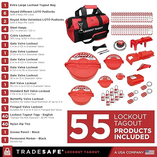 TRADESAFE Valve Lockout Tagout Kit - 55 Loto Devices, Gate Valve Lockout, Ball Valve Lock, Butterfly Valve Lock Out, Loto Locks, Hasps, Tags, Cable Lock, OSHA-Compliant