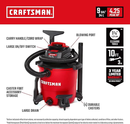 CRAFTSMAN CMXEVBE17590 9 Gal. 4.25 Peak HP Wet Dry Vac with Filter, Dust Bag, Hose, Attachments CMXEVBE17250 2.5 Gal. 2.5 Peak HP Portable Vac with Filter Bag, Hose and Attachments