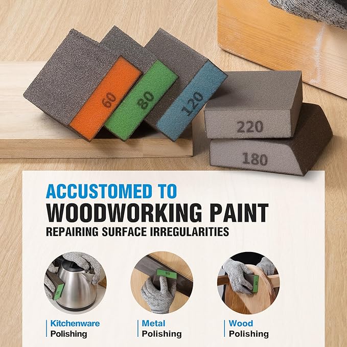 S SATC Sanding Sponge for Wood 5 Pack Sanding Blocks Set for Drywall Metal Wood 60/80/120/180/220 Grit Assortment,Washable and Reusable Sponge Sanding Blocks Sand Paper Brick
