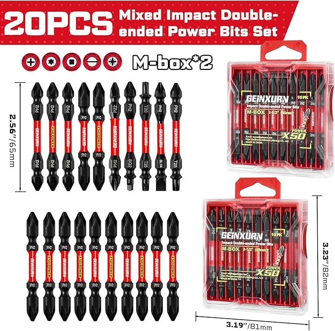 20Pcs Impact Double End Screwdriver Bit Set, 2.56 in. Mixed Reversible Power Driver Bits, Magnetic S2 Steel Two Sides PH2/T20/T25/SQ2/SL1/4 Screwdriver Bit Tips Set with Storage M-Box