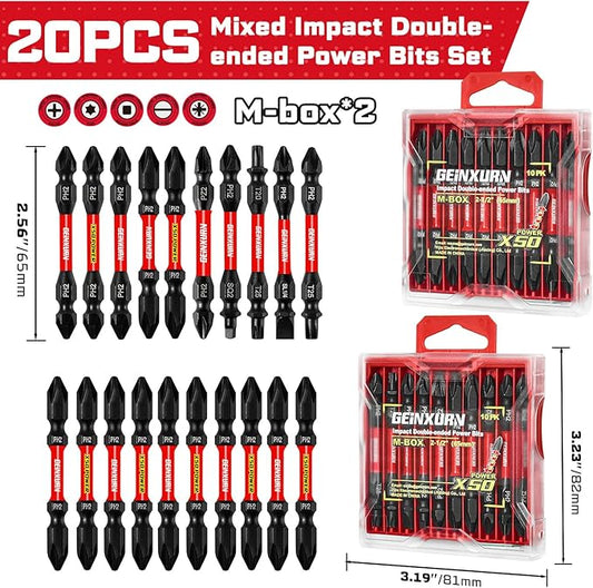 20Pcs Impact Double End Screwdriver Bit Set, 2.56 in. Mixed Reversible Power Driver Bits, Magnetic S2 Steel Two Sides PH2/T20/T25/SQ2/SL1/4 Screwdriver Bit Tips Set with Storage M-Box