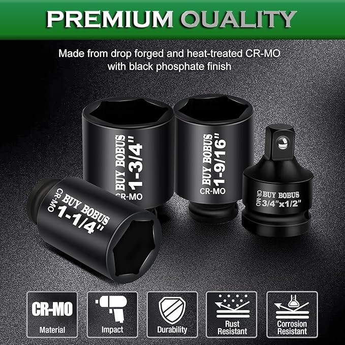1/2" Drive Impact Socket Set, 9-Piece Standard SAE Deep Axle Nut Sockets, 6-Point, Cr-Mo,1-1/4竊?-3/8竊?-7/16竊?-1/2竊?-9/16竊?-5/8竊?-11/16竊?-3/4, Impact Socket Adapter (3/4" x 1/2")