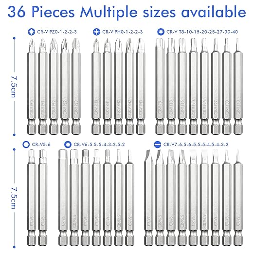Impact Driver Bit Set 36-Piece, CRV Steel 3-Inch Long, 1/4'' Hex-Shank, Magnetic & Hight Torque for Automotive/Electronics/DIY